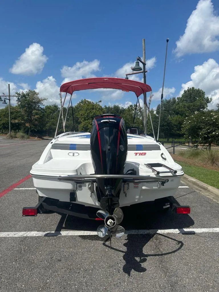 Slide: The Image of 2024 Tahoe T18 boat with outboard motor in parking lot. - 2