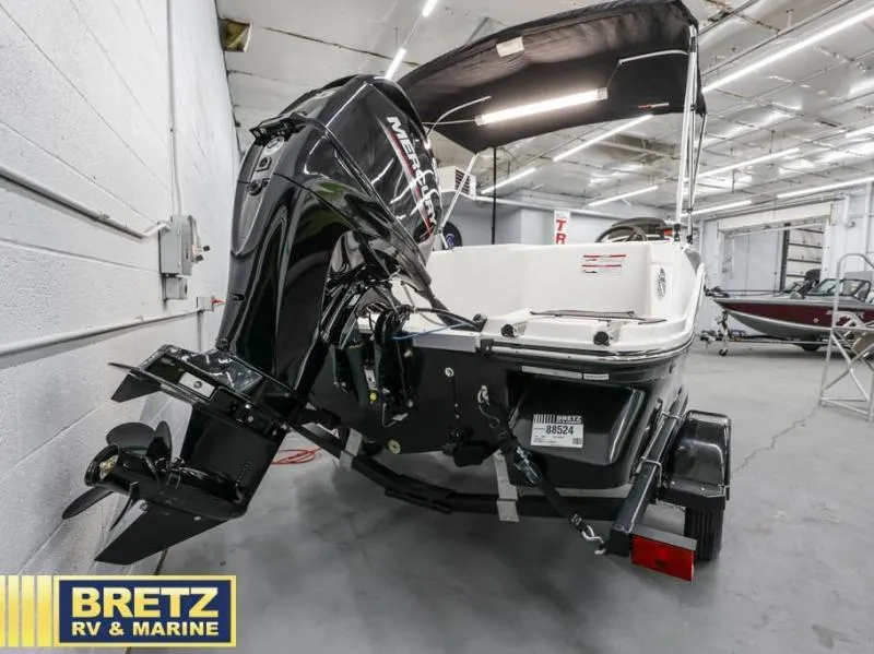 Slide: The Image of 2024 Element M15 boat with Mercury outboard motor in showroom, Bretz RV & Marine. - 6