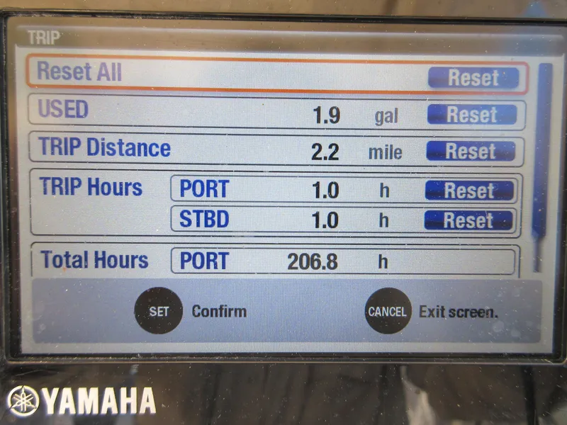 Slide: The Image of Yamaha trip display on 2016 Grady-White Freedom 307 boat showing trip data. - 21