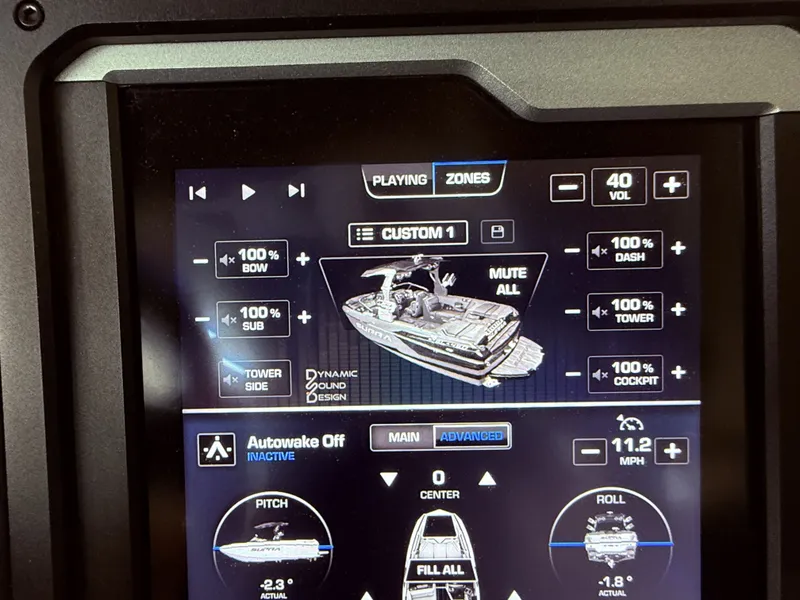 Slide: The Image of 2024 Supra SL 400 boat control panel with audio system and speed display. - 33