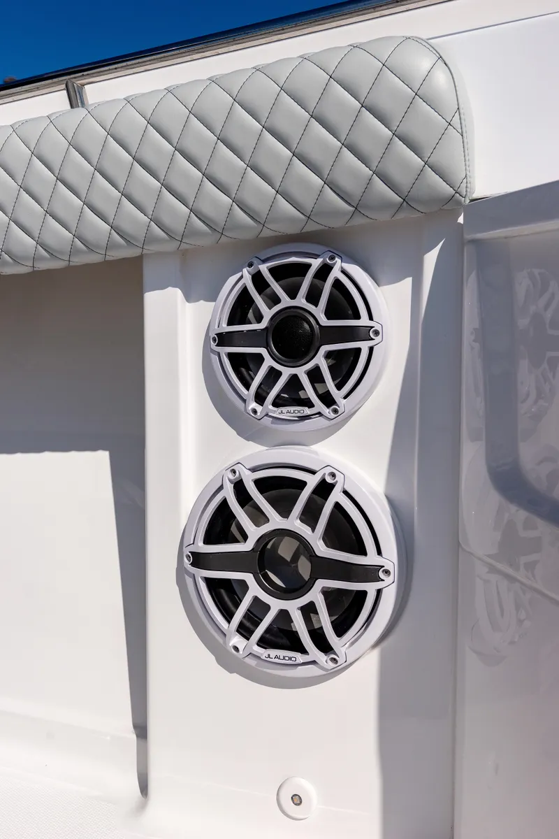 Slide: The Image of 2024 HCB 39 Speciale boat speakers and quilted upholstery detail. - 28