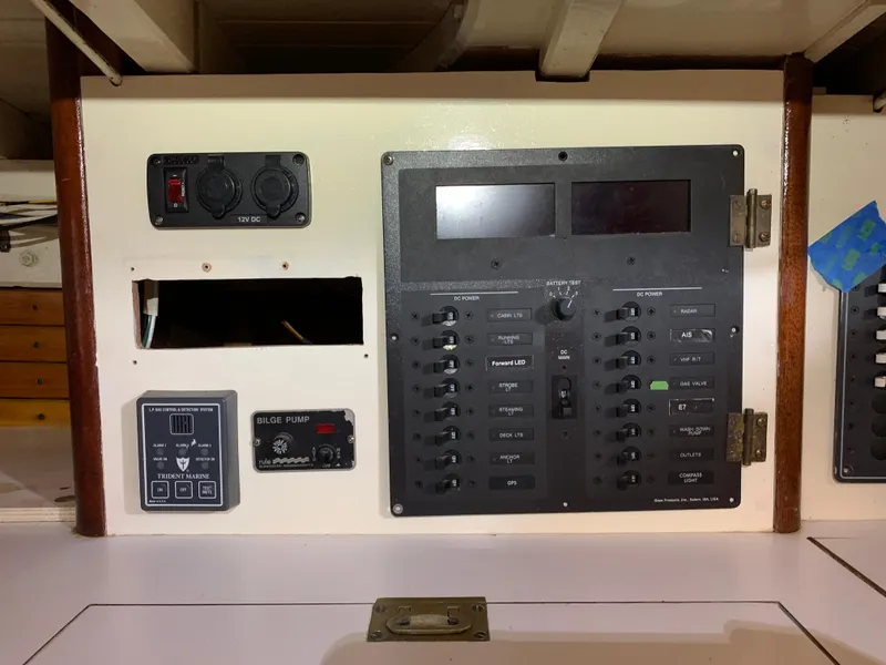 Slide: The Image of Electrical control panel on a 1999 Custom Lyle Hess Cutter sailboat. - 19