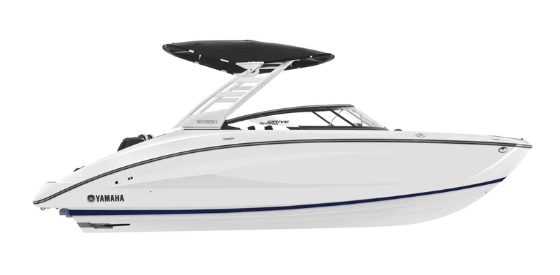 Slide: The Image of 2024 Yamaha Boats 252SD, sleek white design with black canopy. - 19
