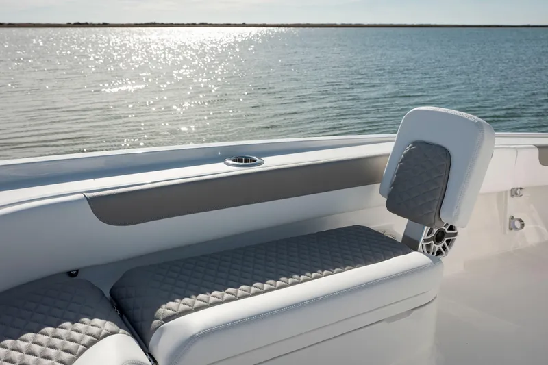 Slide: The Image of 2024 Caymas 281 HB boat with cushioned seating by the water. - 12