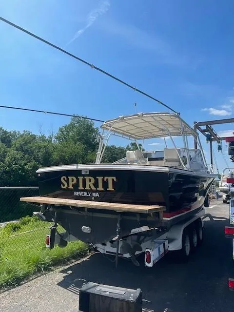 Slide: The Image of 1992 Blackfin 29 Combi boat named Spirit on a trailer in Beverly, MA. - 2