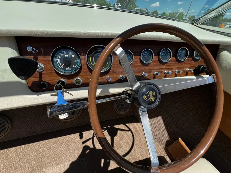 Slide: The Image of 1973 Century Coronado dashboard with wood paneling and classic steering wheel. - 20