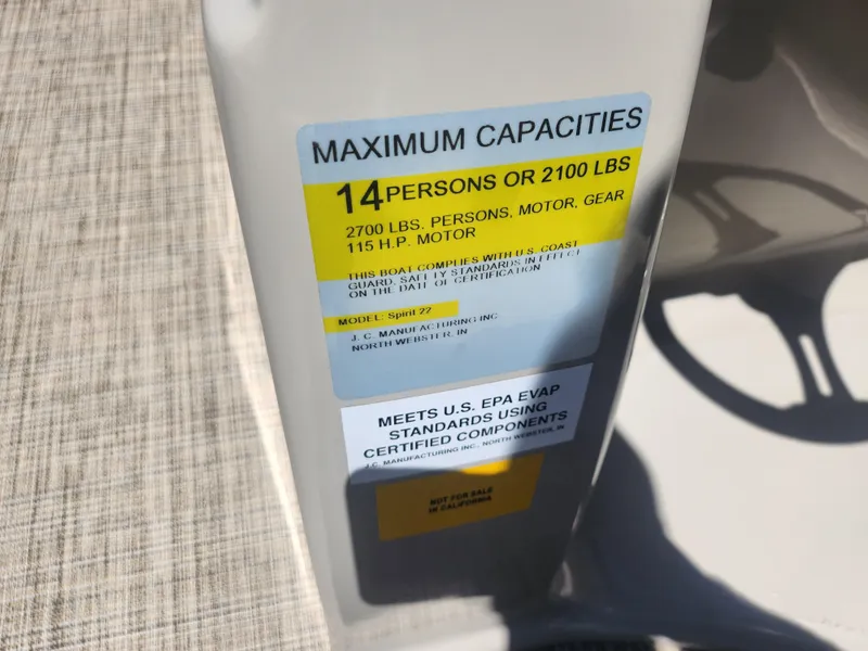 Slide: The Image of 2019 JC 222 Spirit boat capacity label: 14 persons or 2100 lbs, 115 HP motor. - 20