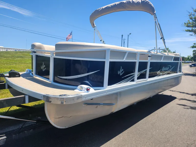 Slide: The Image of 2019 JC 222 Spirit pontoon boat with canopy on trailer. - 5