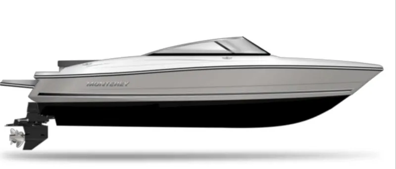 Slide: The Image of 2025 Monterey 224FS speedboat, side view, sleek design, white and black color scheme. - 13