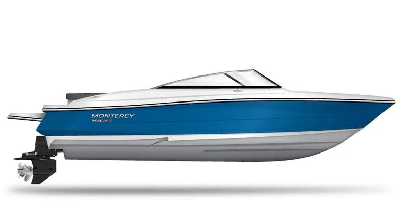 Slide: The Image of 2025 Monterey 224FS boat, blue and white, side view. - 22