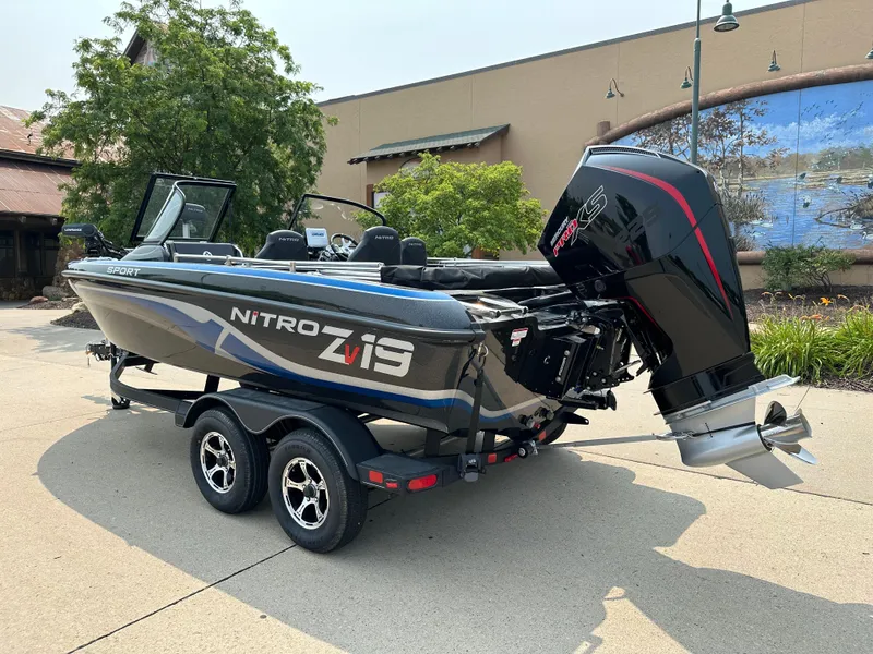 Slide: The Image of 2024 Nitro ZV19 Sport Pro boat on trailer, rear view. - 2