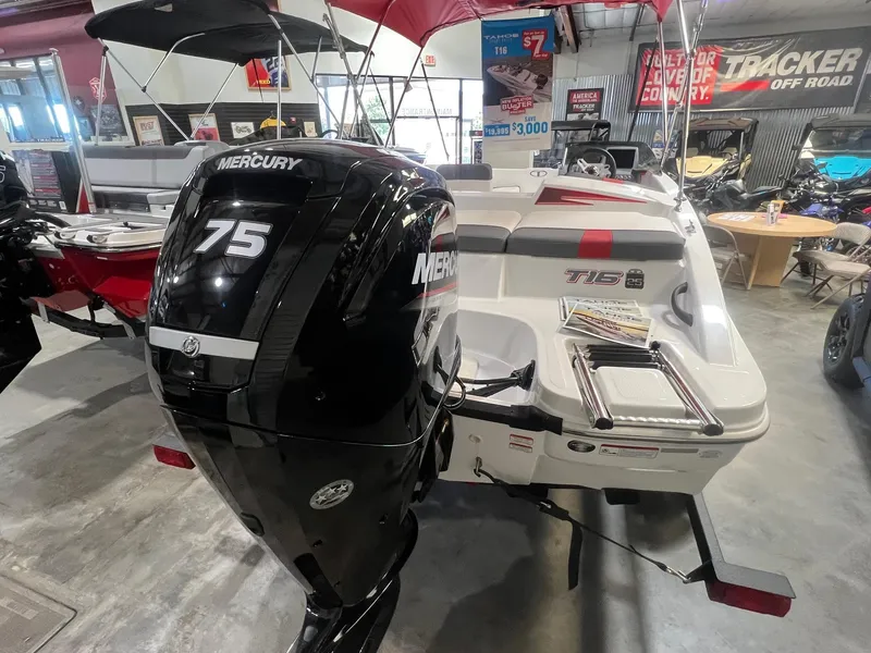 Slide: The Image of 2024 Tahoe T16 boat with Mercury 75 outboard motor in showroom. - 5