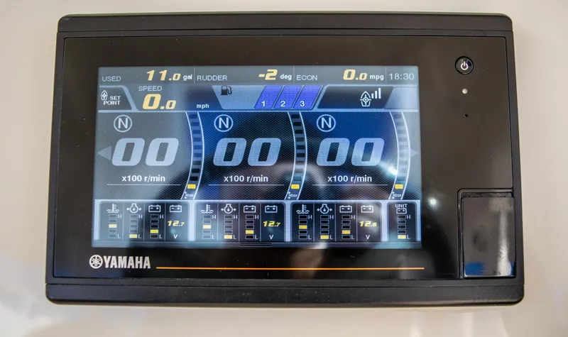 Slide: The Image of Yamaha digital display on 2020 Scout 380 LXF boat showing engine metrics. - 28