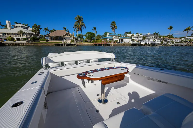 Slide: The Image of 2019 Bahama 41 boat on water, featuring spacious deck and scenic waterfront homes. - 41