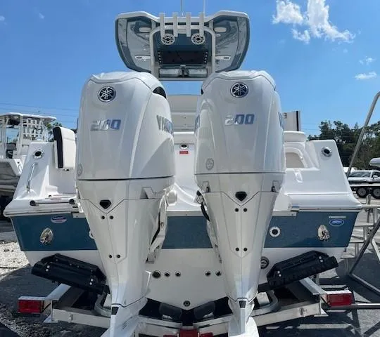The Image of 2025 Tidewater 256 LXF boat with dual Yamaha 200 engines, rear view. - 3