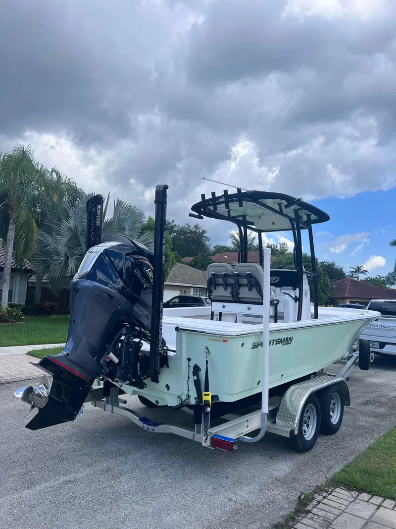 Slide: The Image of 2022 Sportsman Masters 227 Bay Boat on a trailer. - 10