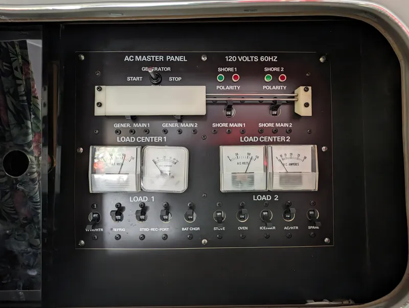 Slide: The Image of 1987 Cruisers 3370 Esprit AC master panel with voltage meters and switches. - 19