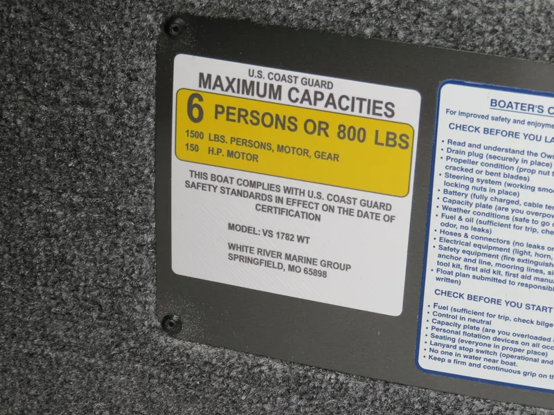 Slide: The Image of 2024 Ranger VS1782SC Angler boat capacity label, 6 persons or 800 lbs, U.S. Coast Guard compliant. - 8