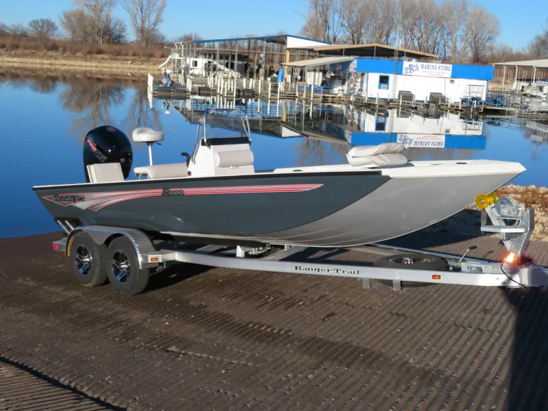 Slide: The Image of 2024 Ranger RB200 boat on trailer at marina dock. - 0