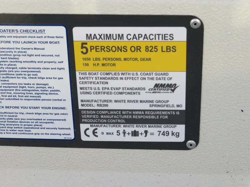 Slide: The Image of 2024 Ranger RB200 boat capacity label: 5 persons or 825 lbs, 150 HP motor. - 6