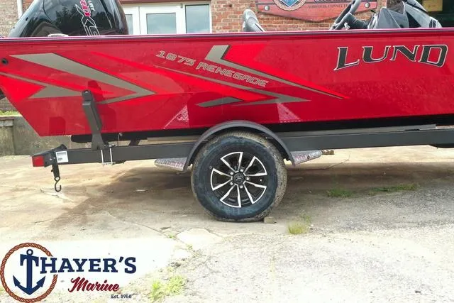 Slide: The Image of 2024 Lund 1875 Renegade SS boat in red, displayed at Thayer's Marine. - 6
