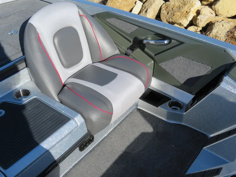 Slide: The Image of 2024 Ranger Z518 Ranger Cup Equipped boat seat with gray and red accents. - 8