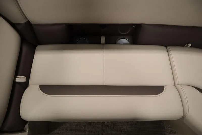 Slide: The Image of 2025 Bentley Pontoons 223 QSB Tri-Toon interior seating, beige and brown upholstery. - 12