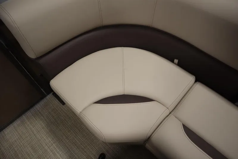 Slide: The Image of 2025 Bentley Pontoons 223 QSB Tri-Toon interior seating, beige and brown upholstery. - 27