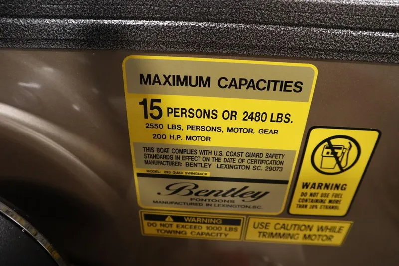 Slide: The Image of Capacity label for 2025 Bentley Pontoons 223 QSB Tri-Toon, 15 persons or 2480 lbs. - 38