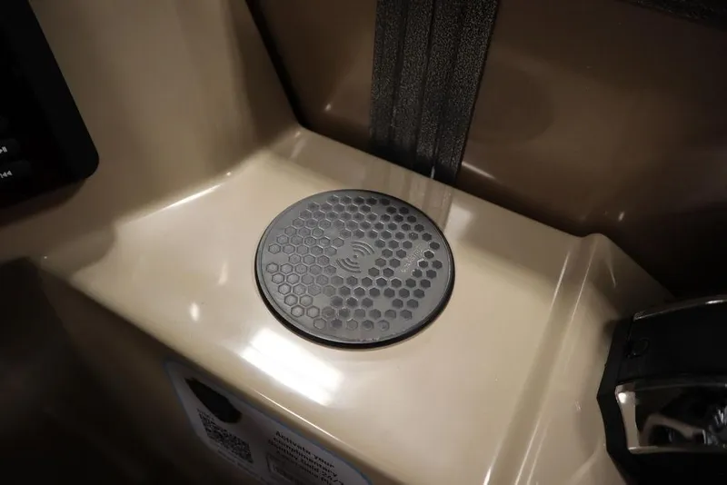 Slide: The Image of 2025 Bentley Pontoons 223 QSB Tri-Toon speaker detail on beige interior. - 45