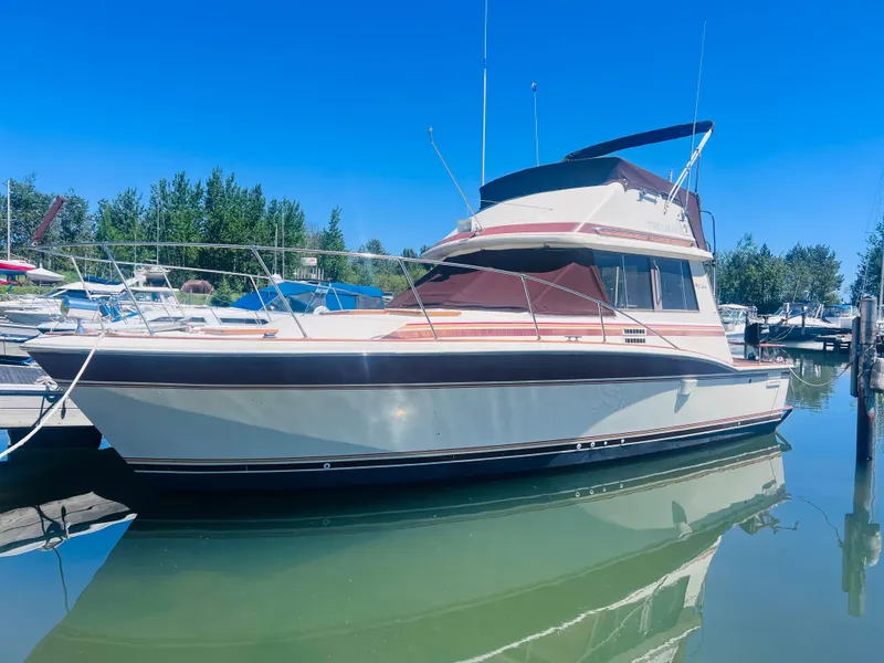 The Image of 1982 Trojan F32 boat docked in a marina under clear blue skies. - 0