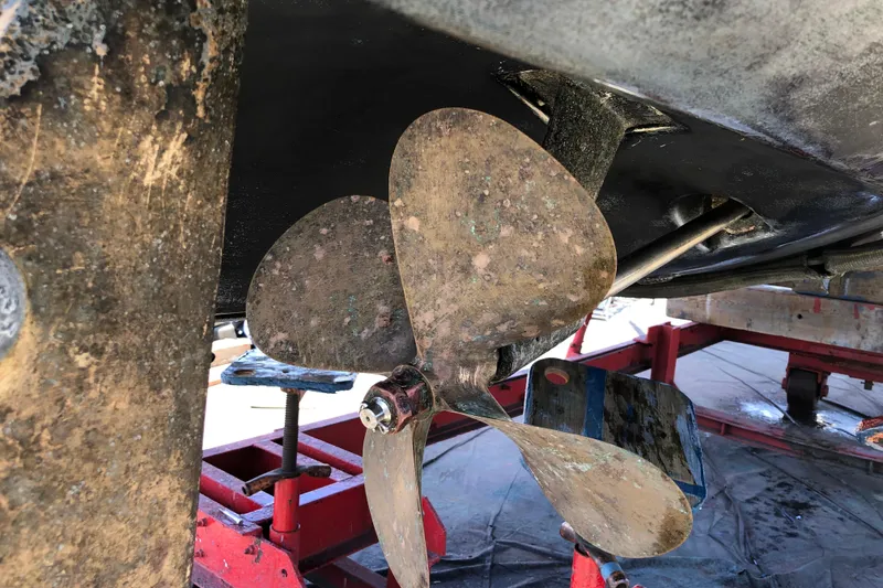 Slide: The Image of 1988 Cruisers Esprit 2980 boat propeller, showing wear and marine growth. - 45