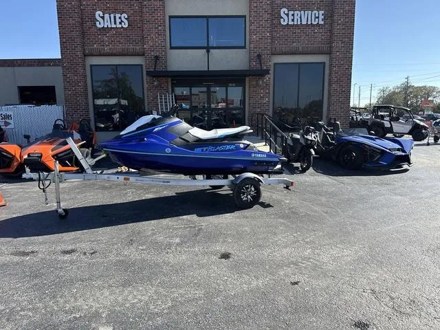 Slide: The Image of 2024 Yamaha Marine Waverunner Jet Blaster in racing blue on a trailer. - 3