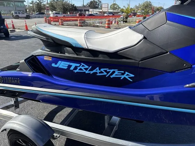 Slide: The Image of 2024 Yamaha Marine Waverunner Jet Blaster in racing blue on a trailer. - 9