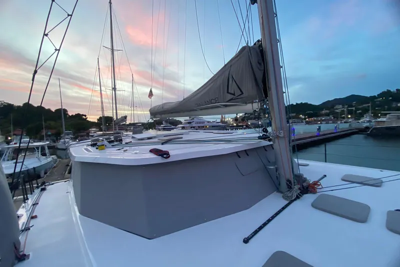 Slide: The Image of Sailing yacht Balance 442 docked at sunset, 2022 model, serene marina view. - 121