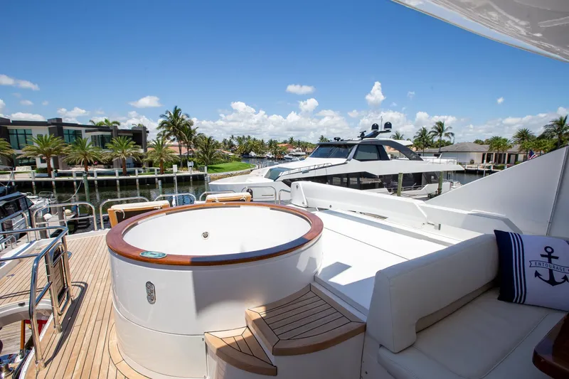 Slide: The Image of Luxurious 2011 Princess 85 Motor Yacht with jacuzzi on deck, docked in sunny marina. - 34