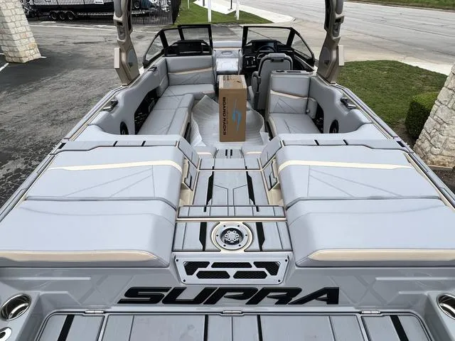 Slide: The Image of 2024 Supra SL 450 boat interior with spacious seating and modern design. - 15