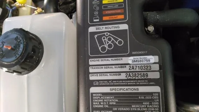 Slide: The Image of Engine specifications and serial numbers on a 2022 Formula 380 Super Sport Crossover. - 34