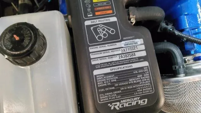 Slide: The Image of Close-up of a 2022 Formula 380 Super Sport Crossover engine specifications. - 35