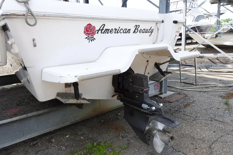 Slide: The Image of 2000 Pro-Line 24 Walk boat with "American Beauty" decal and outboard motor. - 5