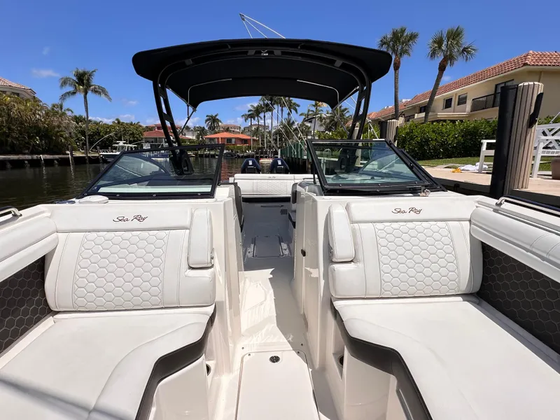Slide: The Image of 2021 Sea Ray SDX 290 Outboard boat interior with luxurious seating. - 3