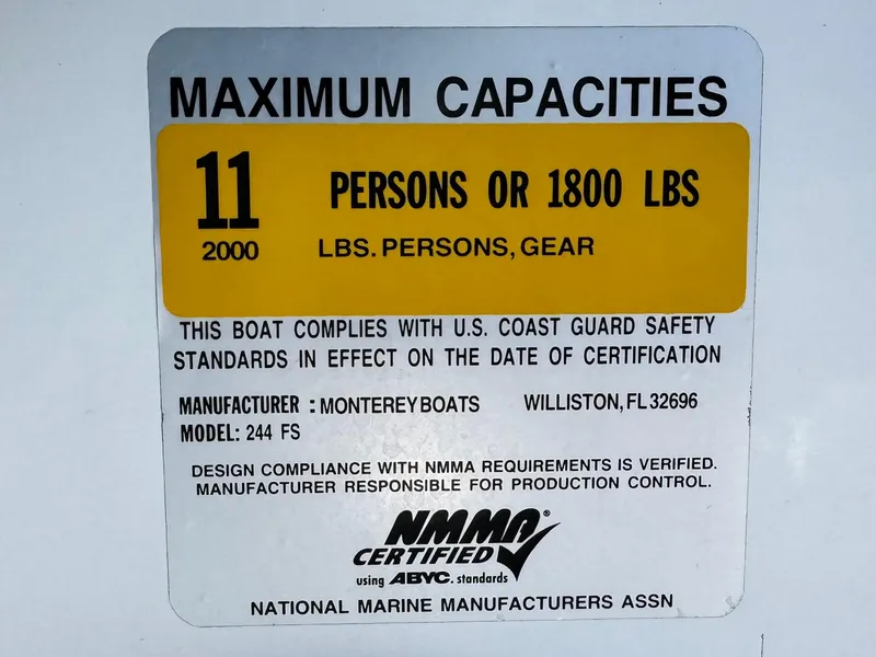 Slide: The Image of 2016 Monterey 244FS capacity label: 11 persons or 1800 lbs, NMMA certified. - 38