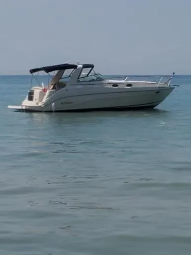 Slide: The Image of 2002 Rinker 342 Fiesta Vee boat anchored on calm water. - 5