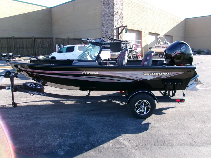 Slide: The Image of 2024 Ranger VS1782SC Angler boat on trailer, parked outdoors. - 2