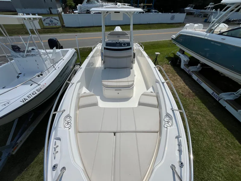 Slide: The Image of 2024 Boston Whaler 250 Dauntless boat on display, top view. - 2