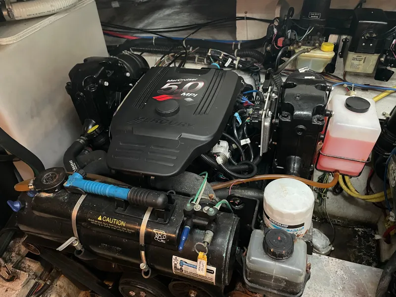 Slide: The Image of 2008 Bayliner 340 engine compartment with MerCruiser 350 MAG MPI engine. - 36