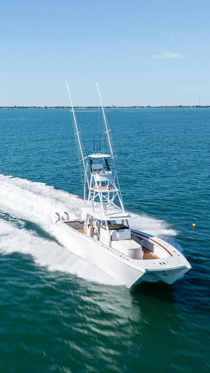 Slide: The Image of Freeman 47 boat cruising on open water, 2022 model. - 2