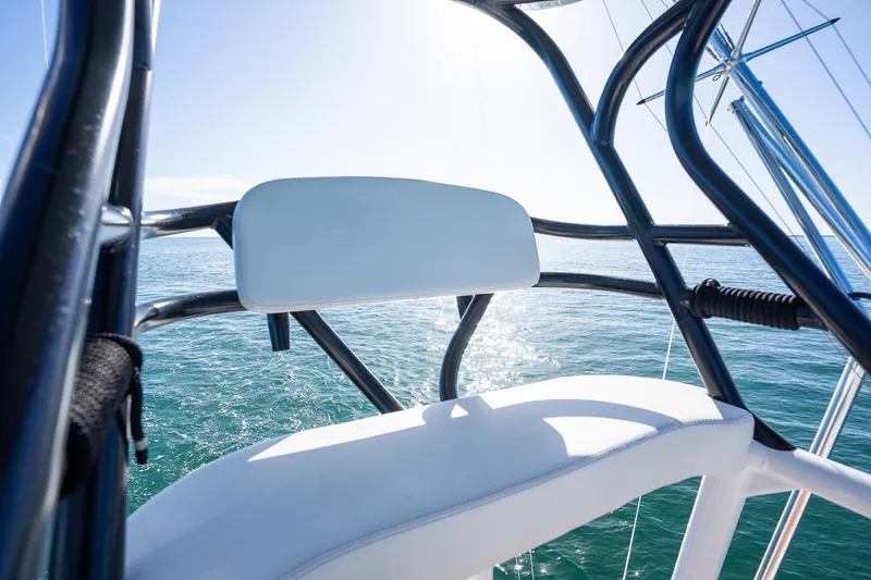 Slide: The Image of Freeman 47 boat interior, 2022 model, with ocean view and sunny sky. - 34