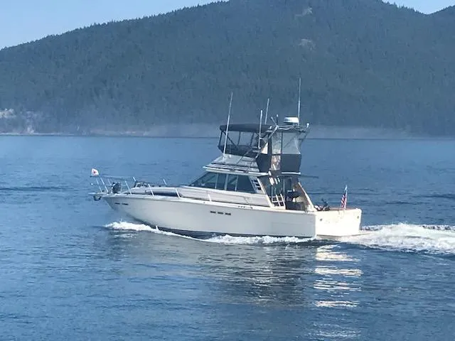 Slide: The Image of 1985 Sea Ray 390 Sedan Bridge cruising on a serene lake with forested hills in the background. - 1