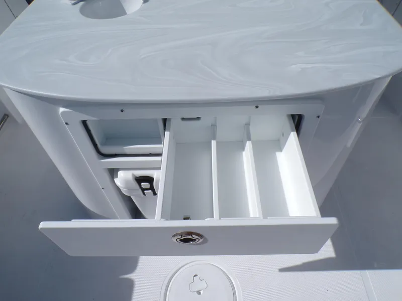 Slide: The Image of Open storage compartment on 2025 Sea Hunt Ultra 305 SE boat. - 16